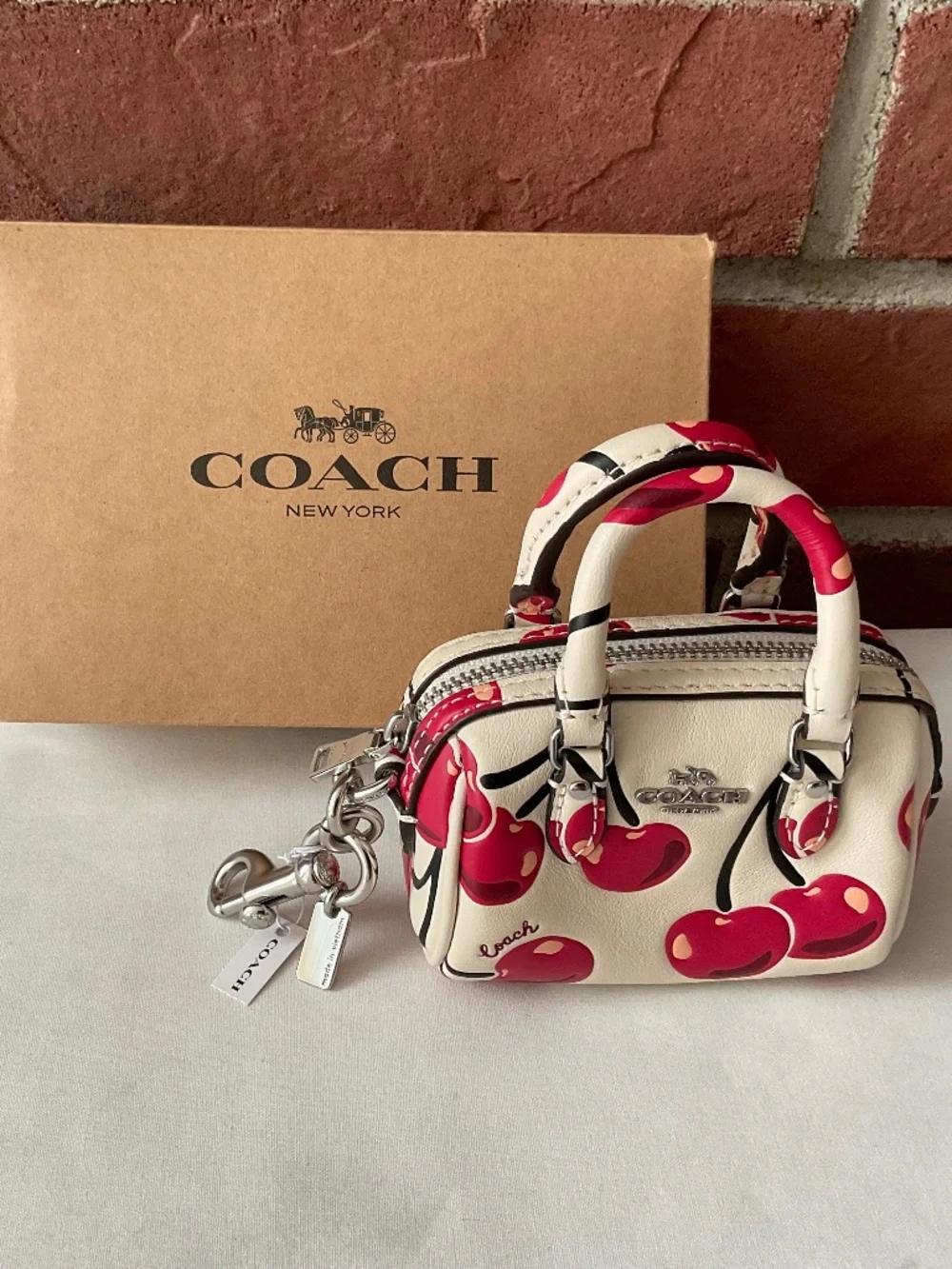 Coach Rowan Mini Bag Charm Cherry Print Leather Silver Hardware Multi NWT - Picture 2 of 16